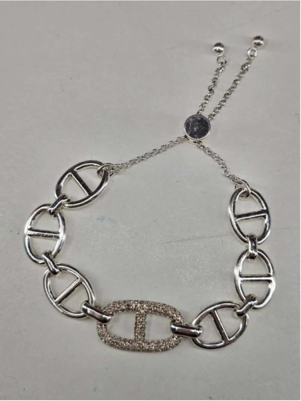 Bomb Party Bracelet Mariner Link CZ Crystal Accent Adjustable Silvertone Chain